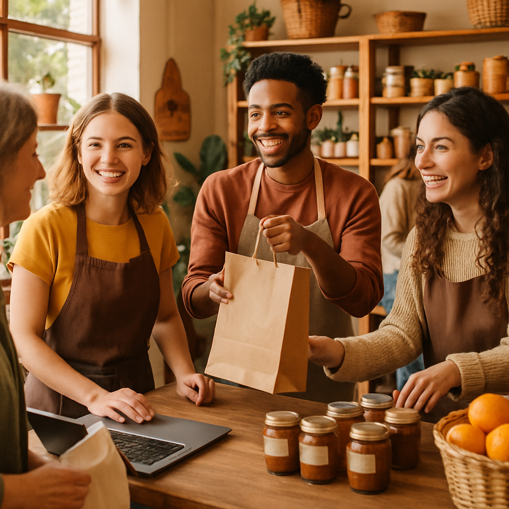 Create an image of some young entrepreneurs working in a local shop The scene is positive vibrant and there are other shoppers in the store looking happy Make it quaint and cozy