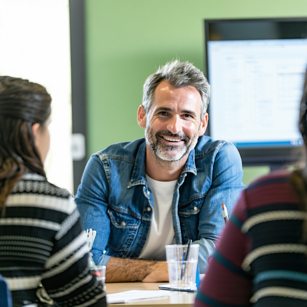 Make an image of a student attending a professional skills workshop looking eager to learn Theyre middle aged and male