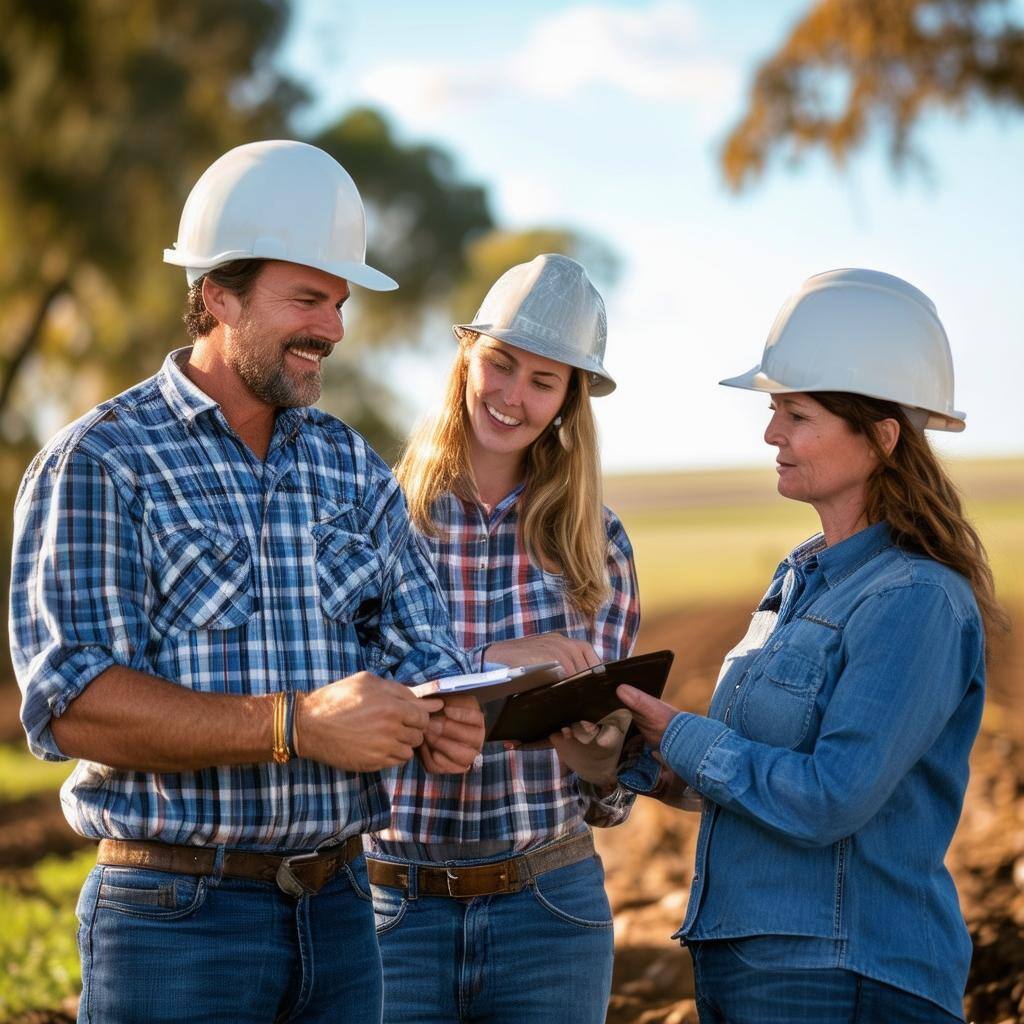 blue collar business leaders working together rural setting