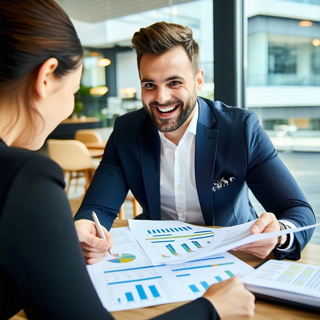 business investor talking with entrepreneur while looking at budget paperwork both are very cheerful-1