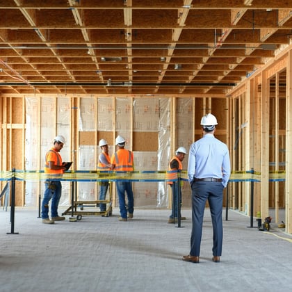 business owner overseeing an construction addition to existing bakery with workers building