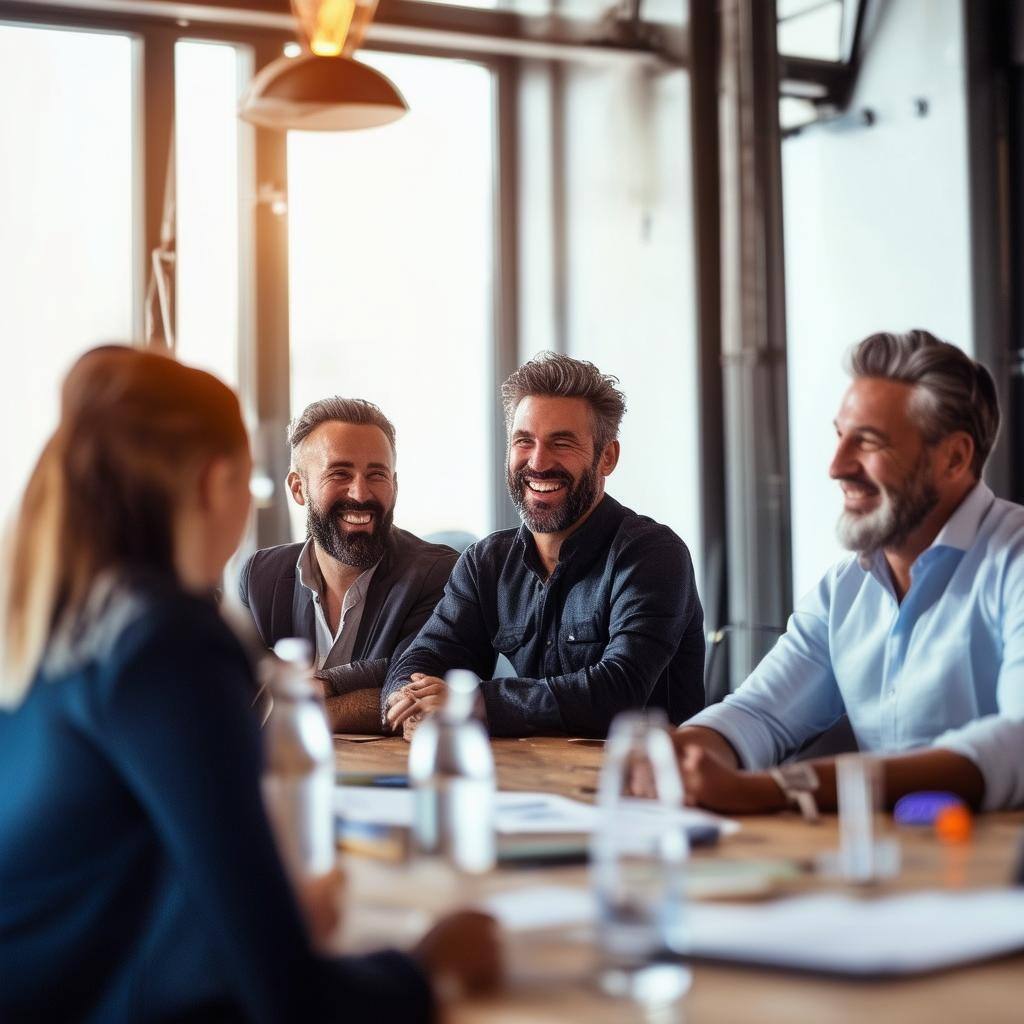 group of rugged business owners smiling at a meeting setting
