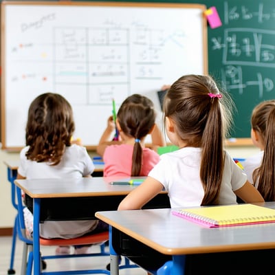 school kids seated at desks inside classroom with lesson on the dry erase board-3